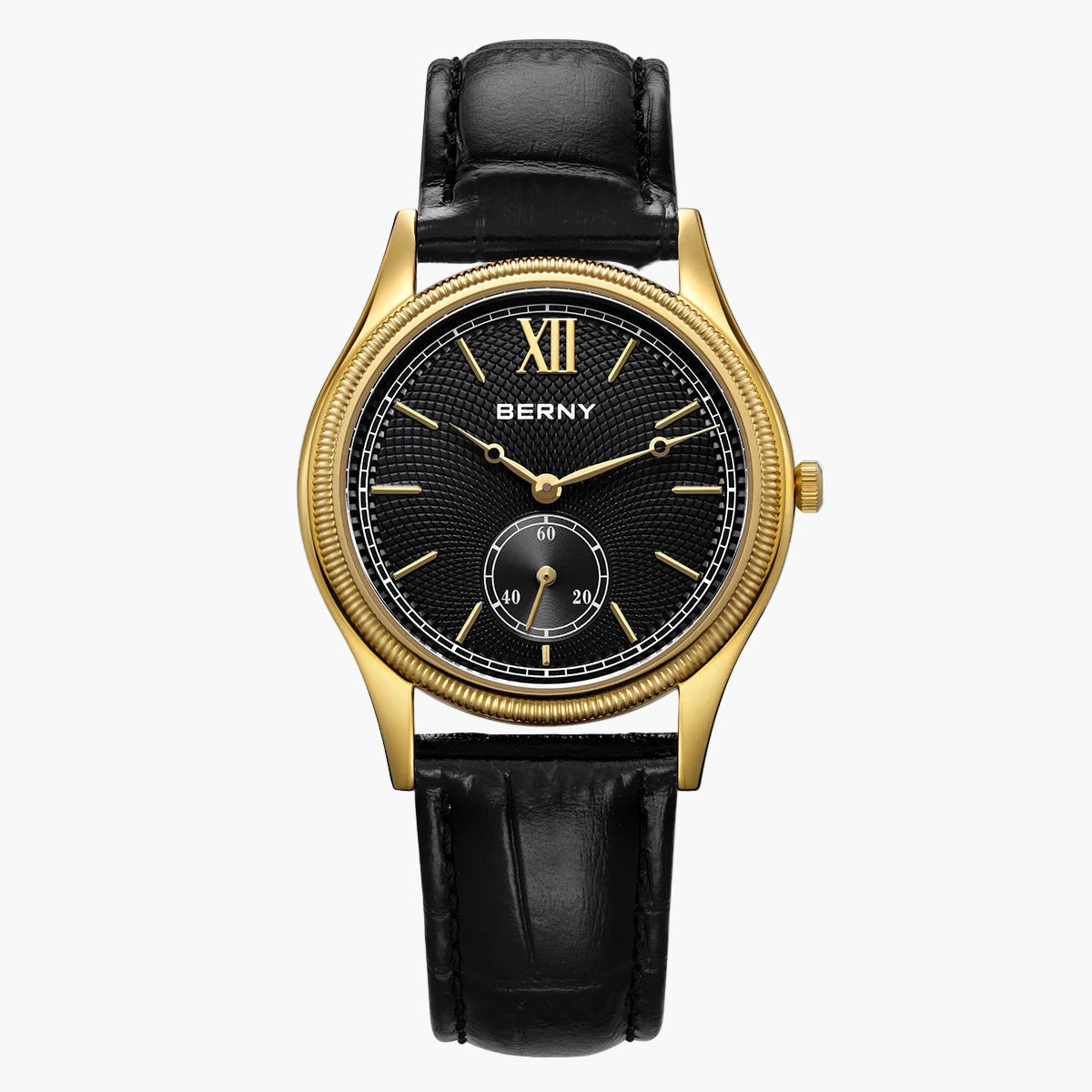 Berny watch with black leather strap and gold casing on a white background
