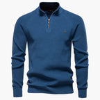 Blue sweater with a quarter zip on a white background