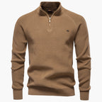 Brown sweater with a quarter zip on a white background