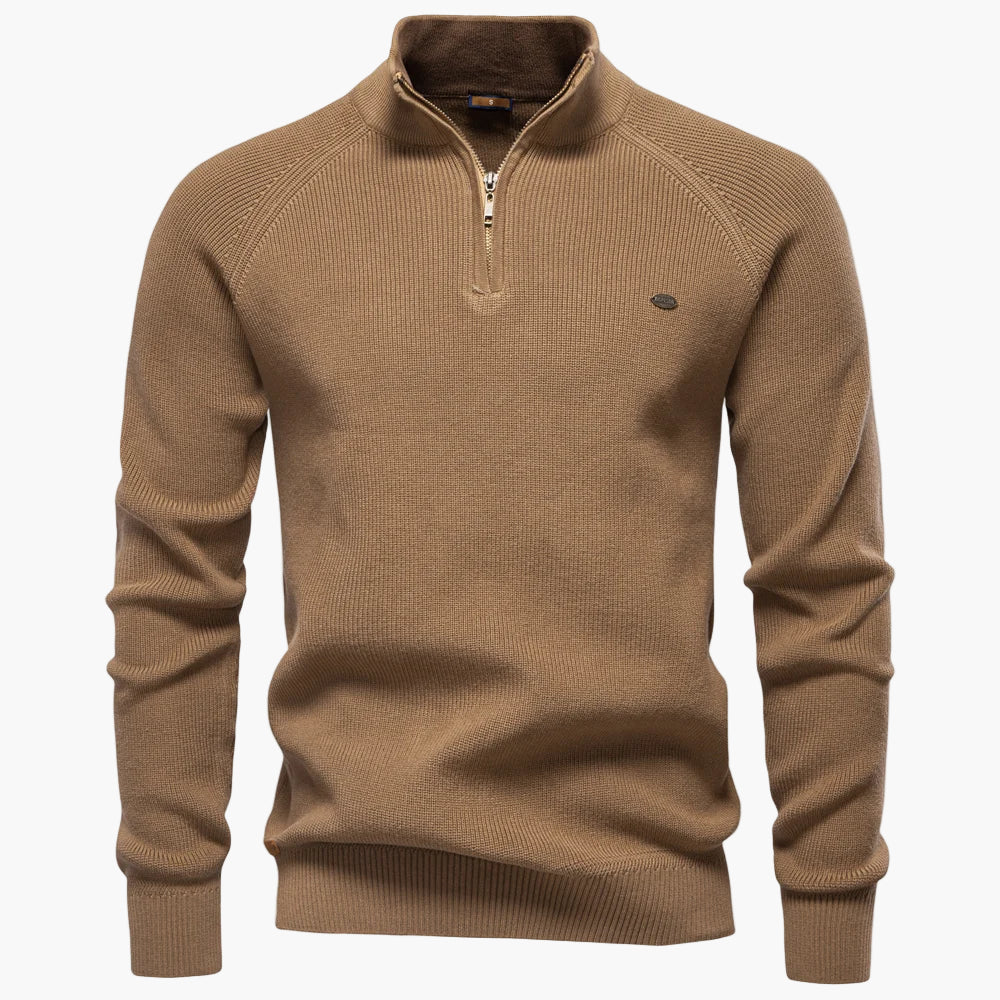 Brown sweater with a quarter zip on a white background
