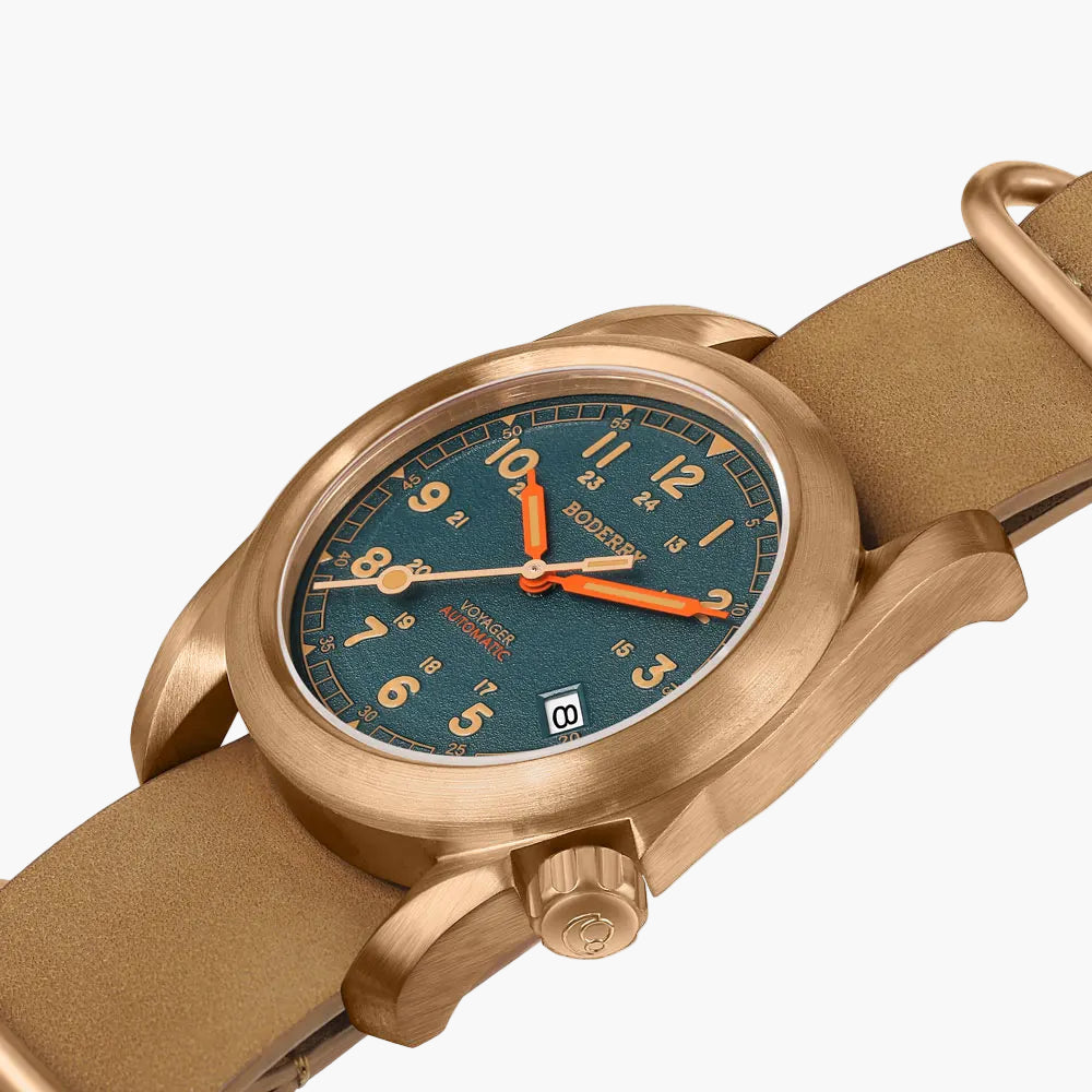 Wristwatch with bronze case and strap on a white background