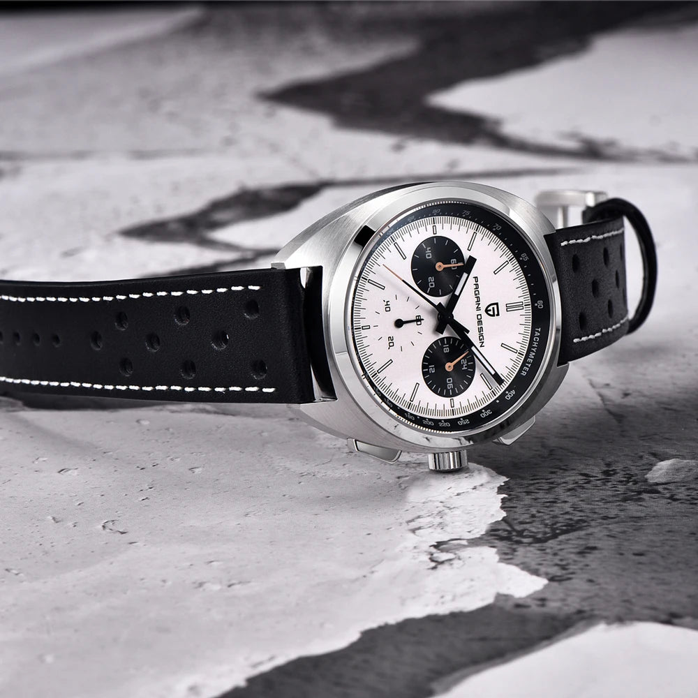Close-up of the domed sapphire crystal on the Altivieri Le Mans vintage chronograph.
