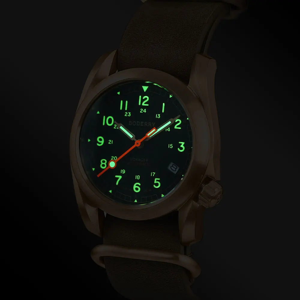 Watch with green and red glowing digits on a dark background