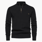 Black sweater with a gold zipper on a white background