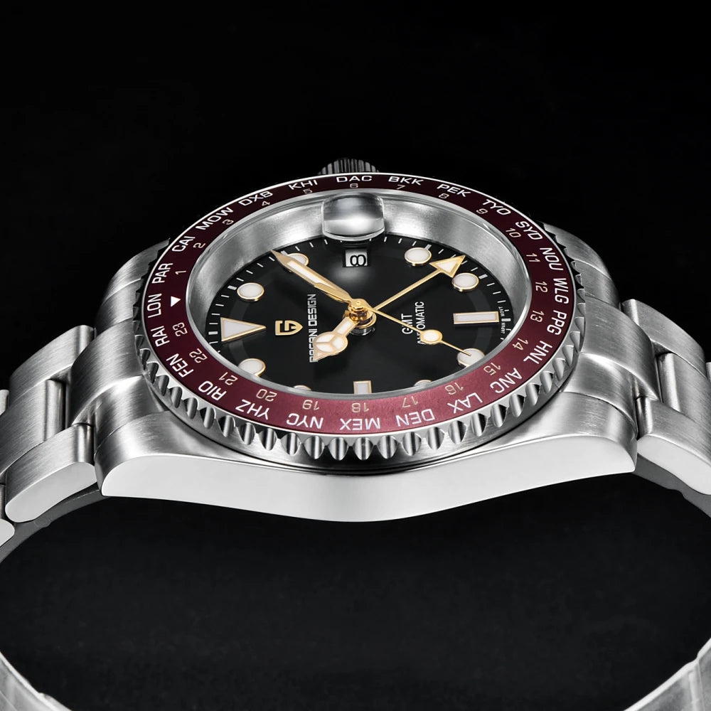 Luxury watch with a detailed face and metallic band on a black background