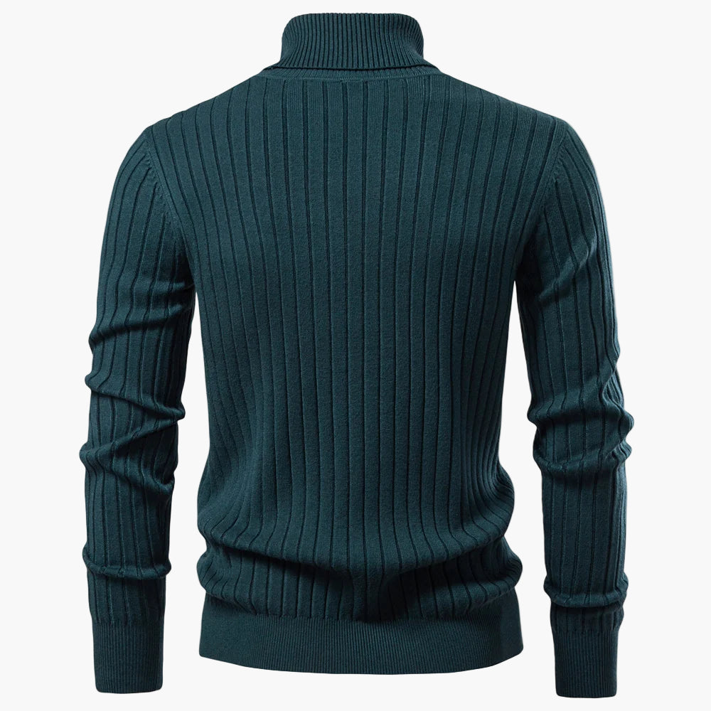 Man wearing the Altivieri St. Moritz striped turtleneck for a sophisticated winter look.