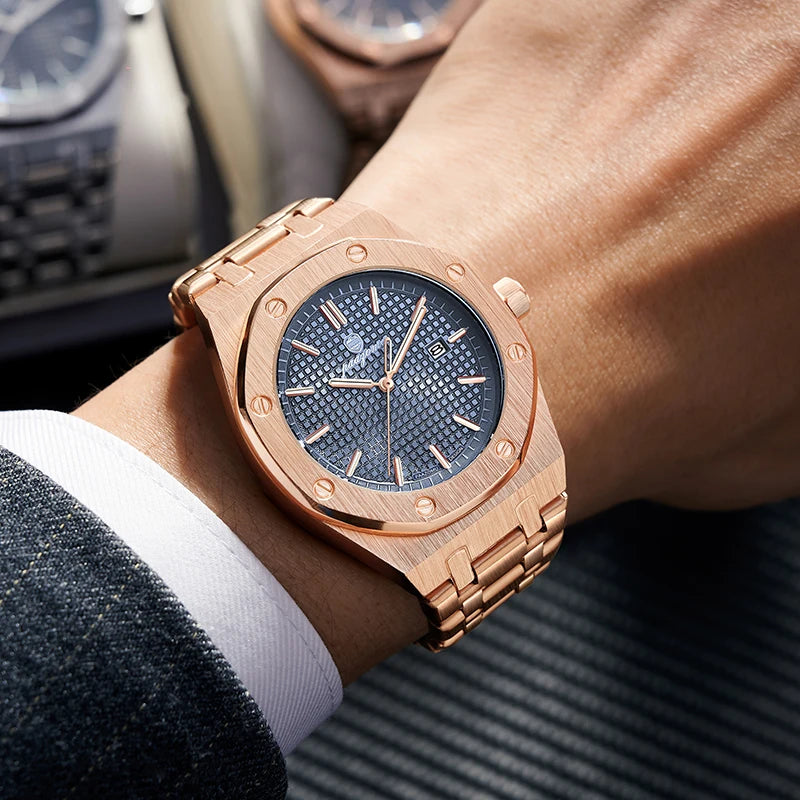 Man wearing the Santorini Elite watch while overlooking a seaside view.