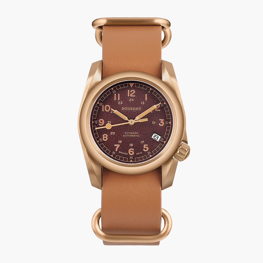 Watch with brown strap and face on a white background, featuring the BODERRY brand.