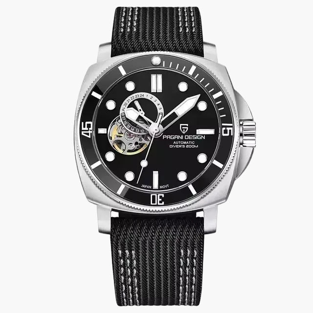 Pagani Design watch with black face and strap on a white background