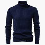 Navy blue turtleneck sweater on a white background
