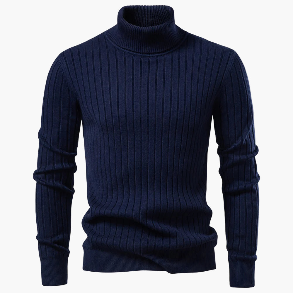 Navy blue turtleneck sweater on a white background