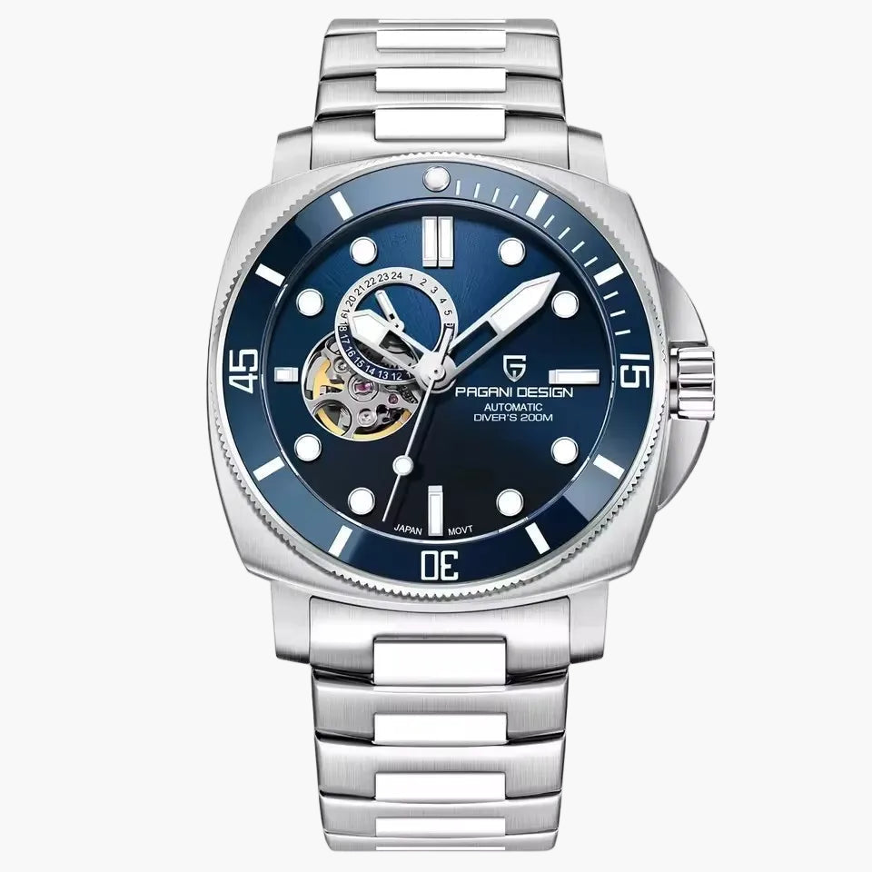 Pagani Design watch with blue dial and silver metal strap on a white background