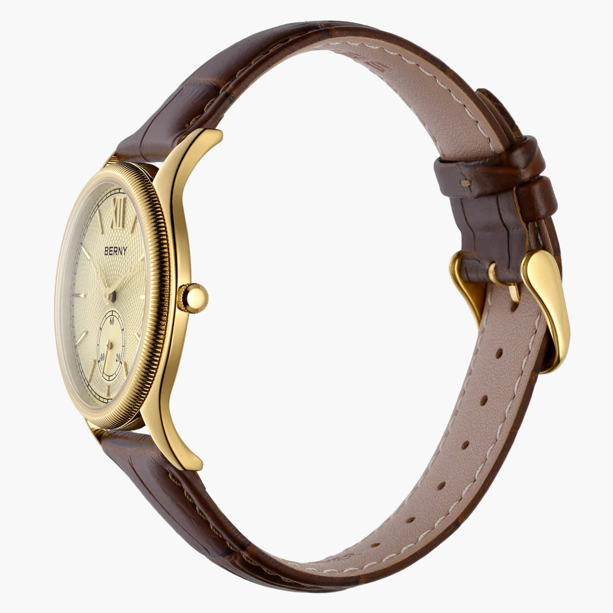 Watch with brown leather strap and gold casing on a white background