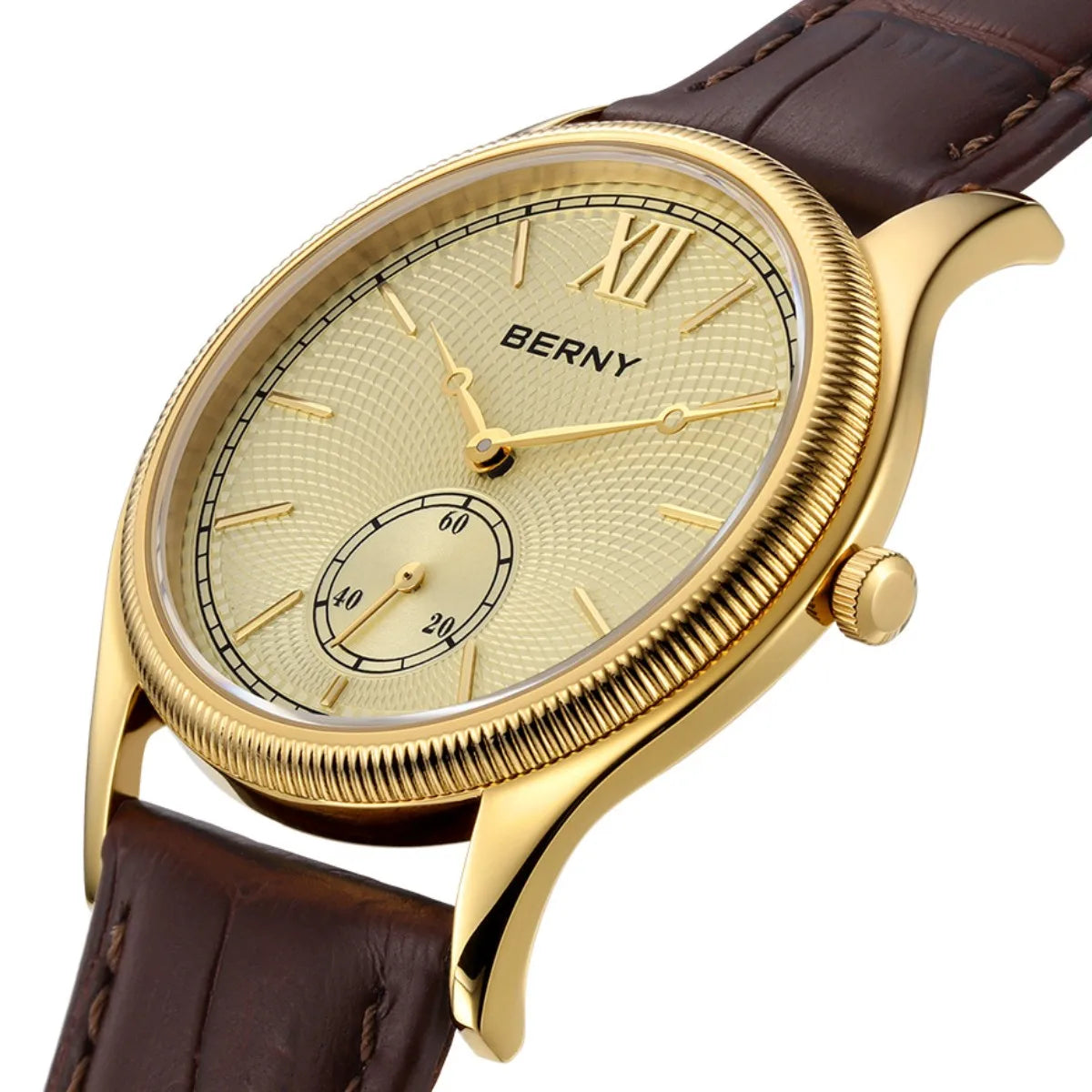 Gold watch with a brown leather strap on a white background