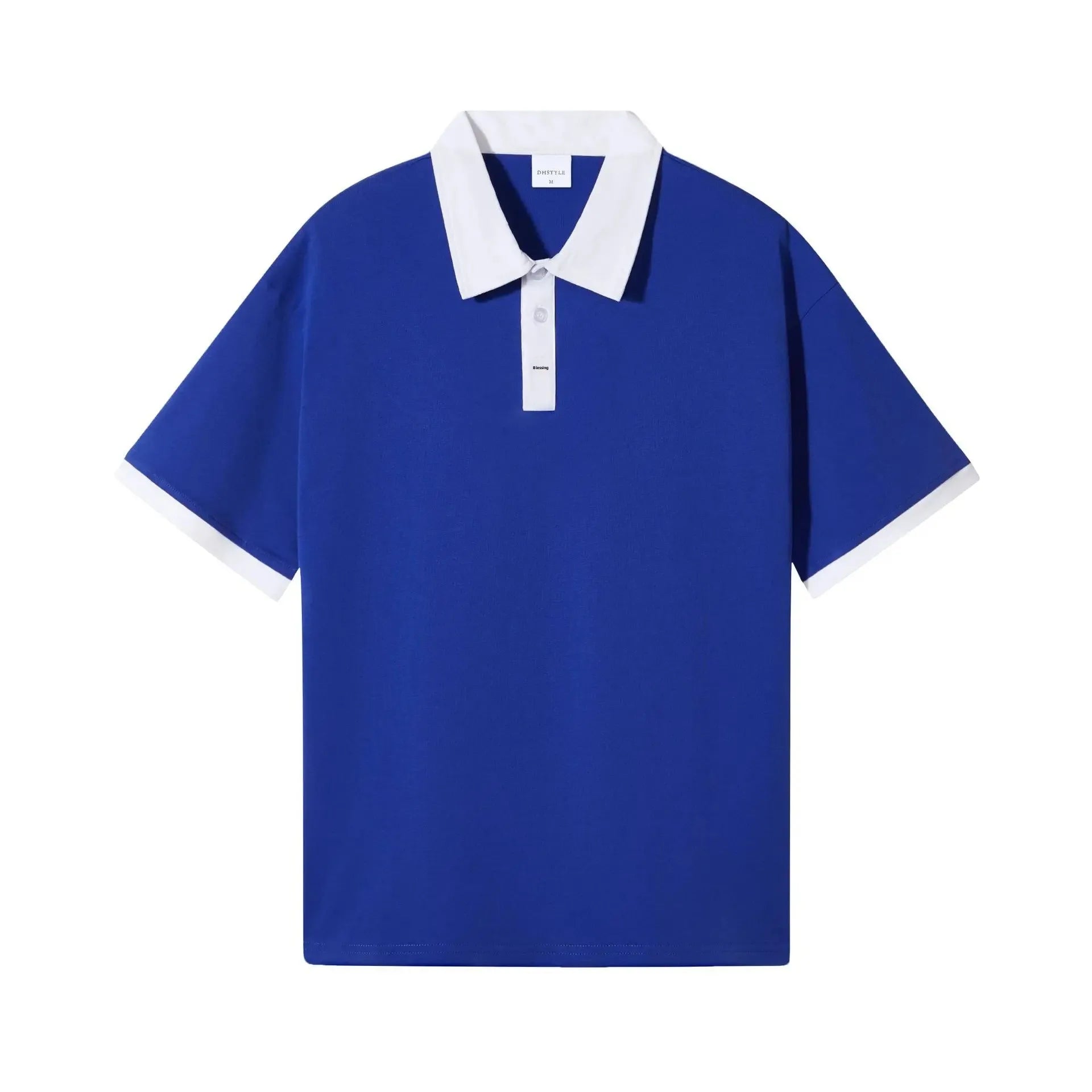Blue polo shirt with white collar and buttons on a white background