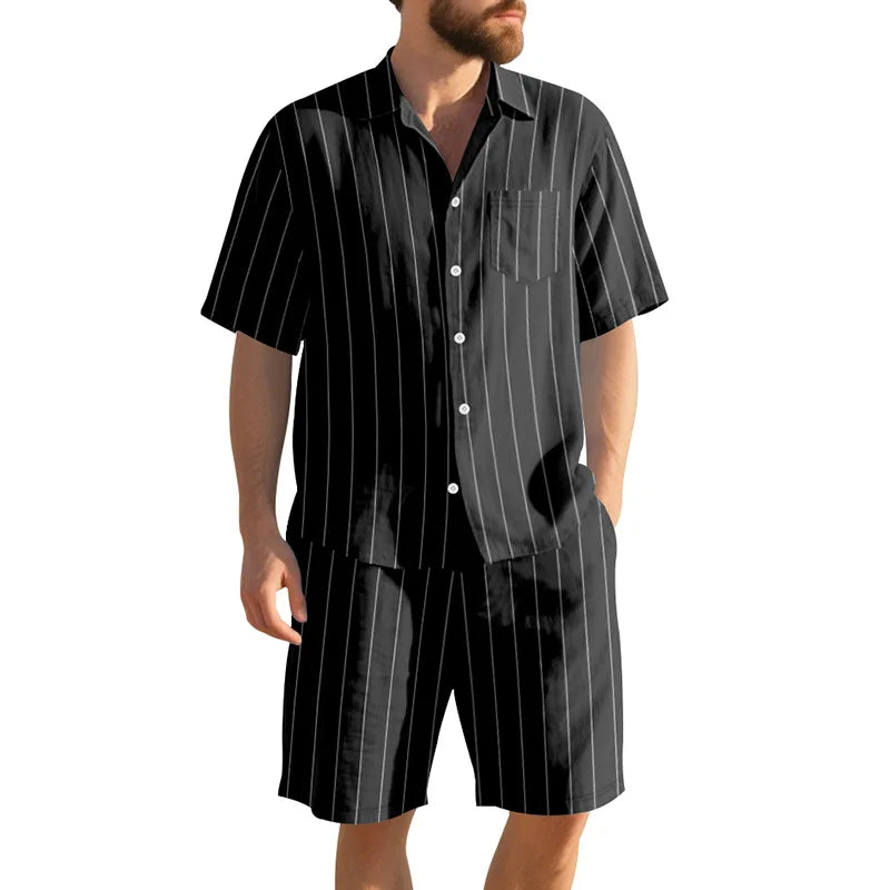 Man wearing a black pinstripe shirt and shorts on a white background