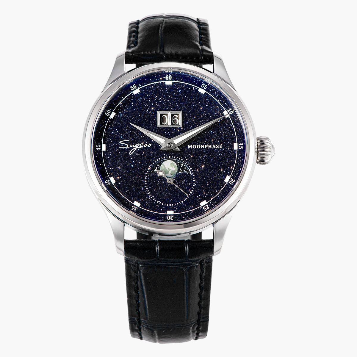 Watch with black leather strap and starry face on a white background