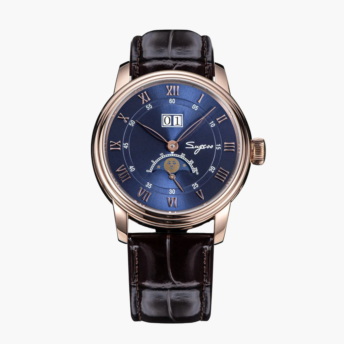 Luxury watch with blue dial and black leather strap on a white background