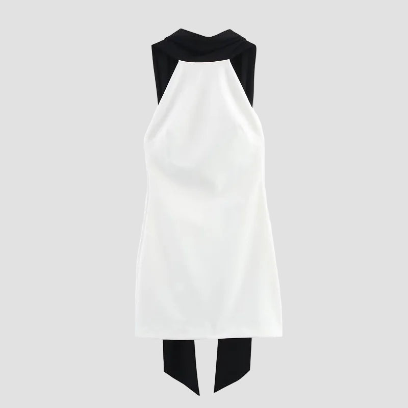 White sleeveless dress with black accents on a white background