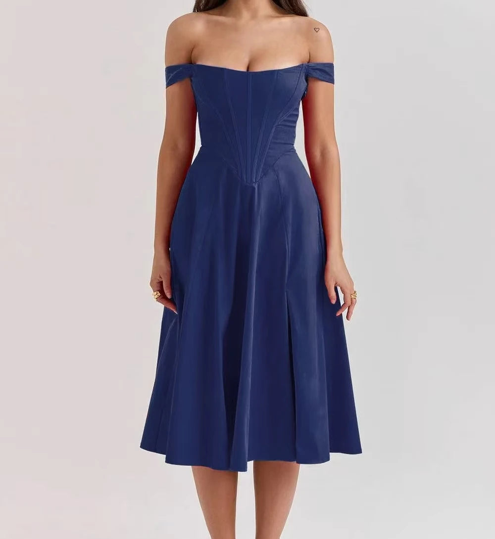 Blue off-shoulder dress on a plain background
