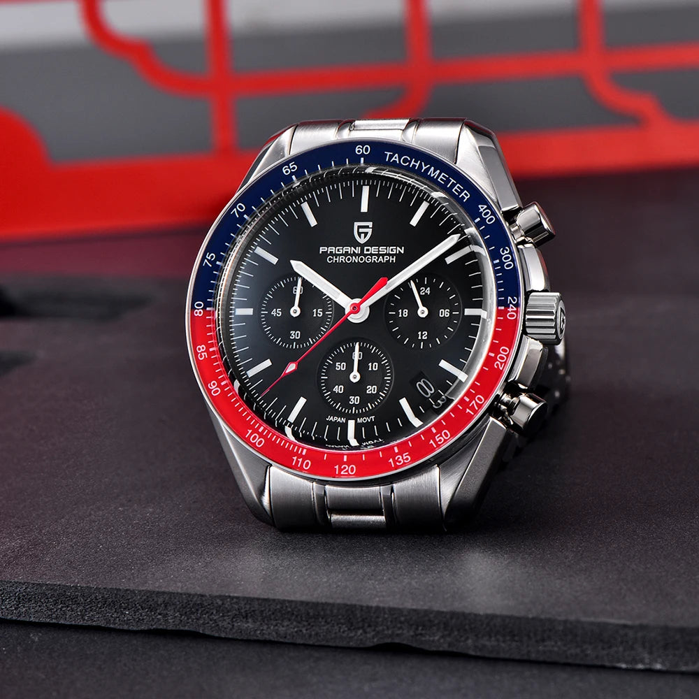 Chronograph watch with red and blue accents on a dark surface with a red geometric background