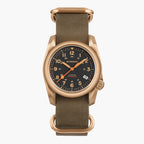 Wristwatch with rose gold case and olive green strap on a white background, featuring the BODERRY brand.
