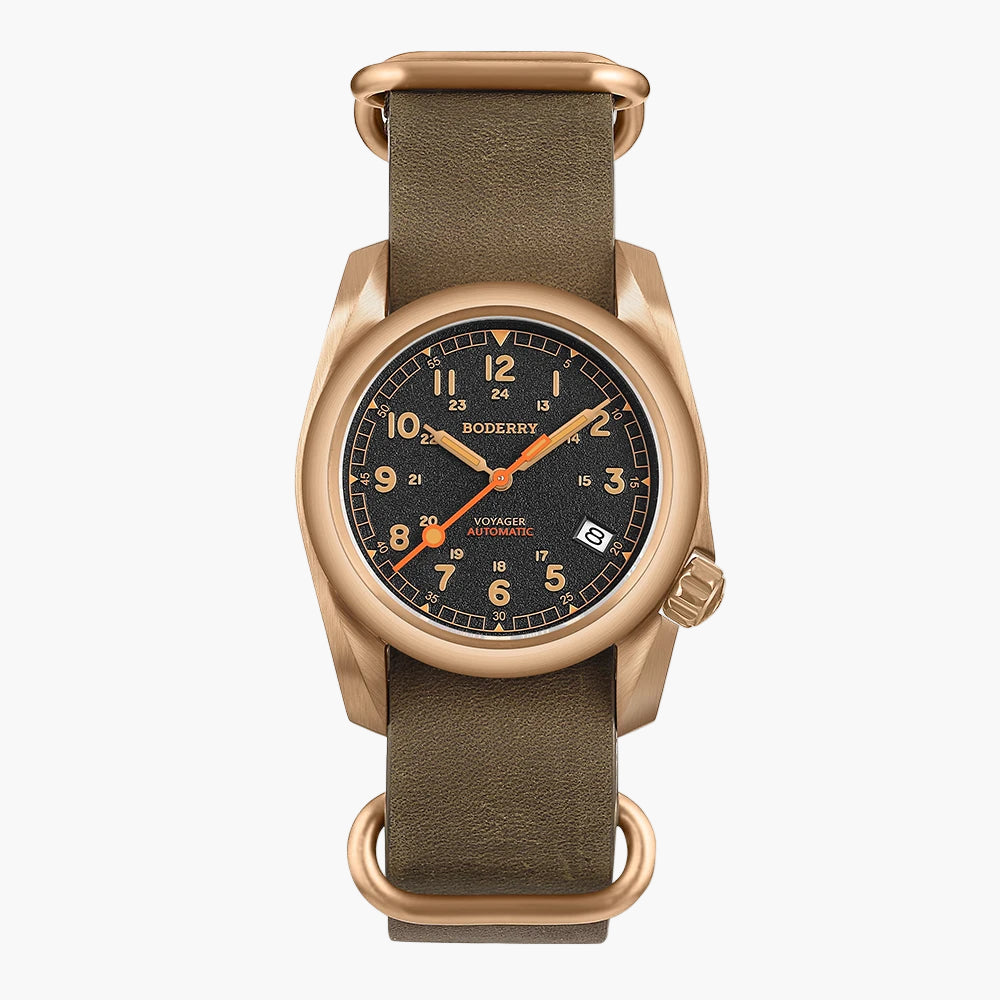 Wristwatch with rose gold case and olive green strap on a white background, featuring the BODERRY brand.