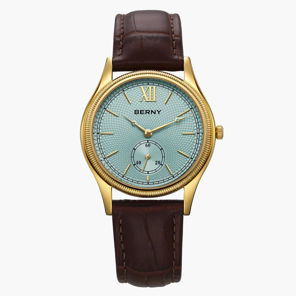 Berny watch with gold case, blue face, and brown leather strap on white background