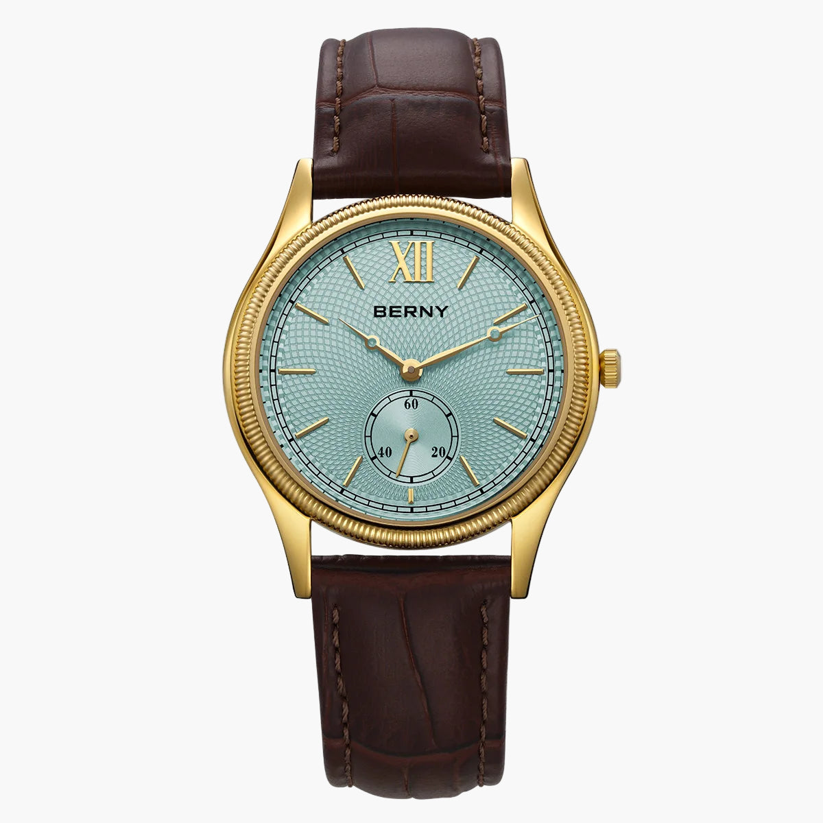 Berny watch with gold case, blue face, and brown leather strap on white background