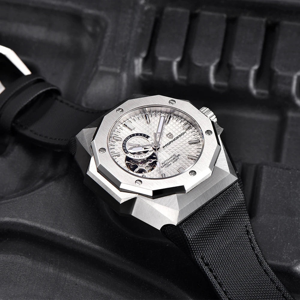 Luxury watch with a black strap on a textured black background
