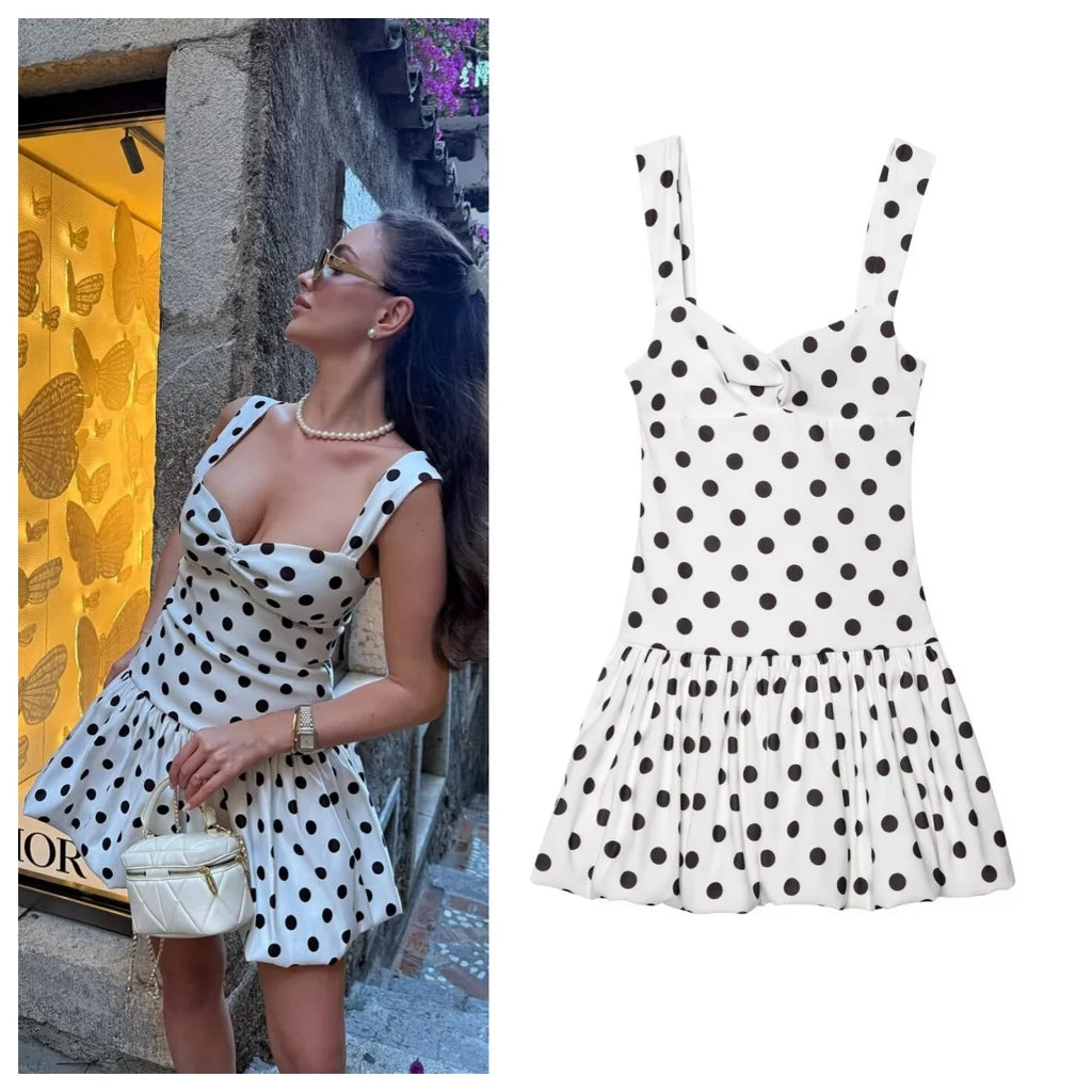 Woman wearing a polka dot dress next to a close-up of the dress on a white background