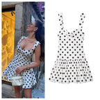 Woman wearing a polka dot dress next to a close-up of the dress on a white background