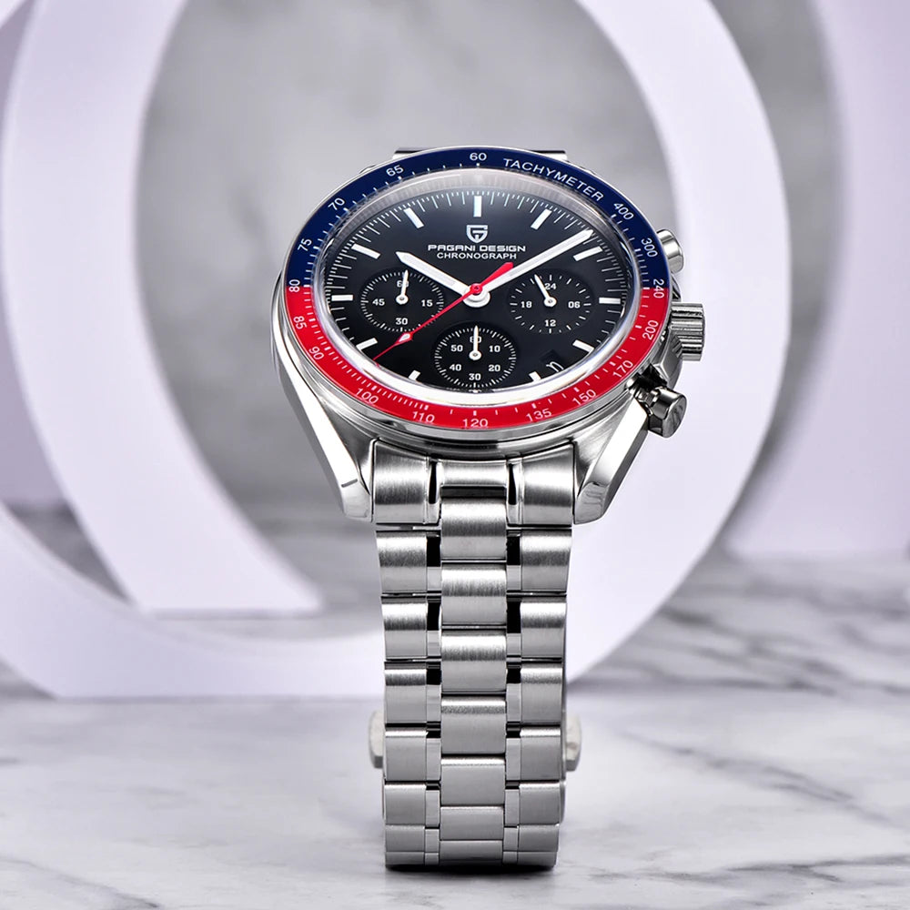 Luxury watch with a silver bracelet on a marble surface
