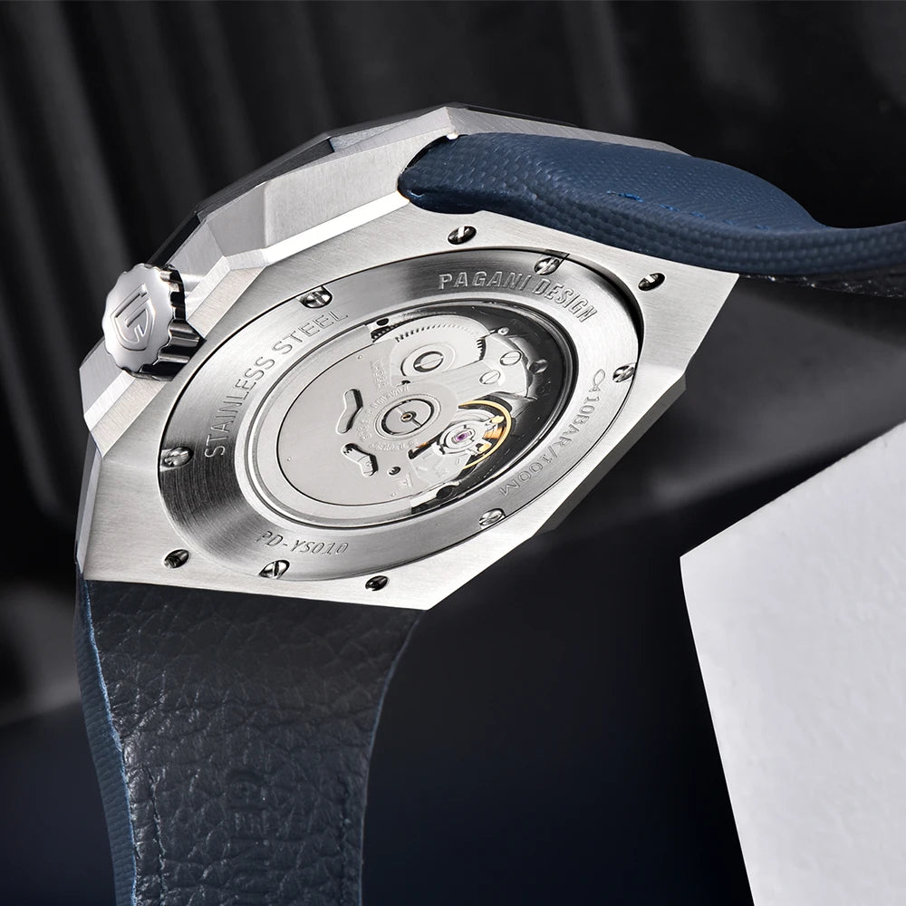 Watch with blue strap and visible mechanical components on a dark background