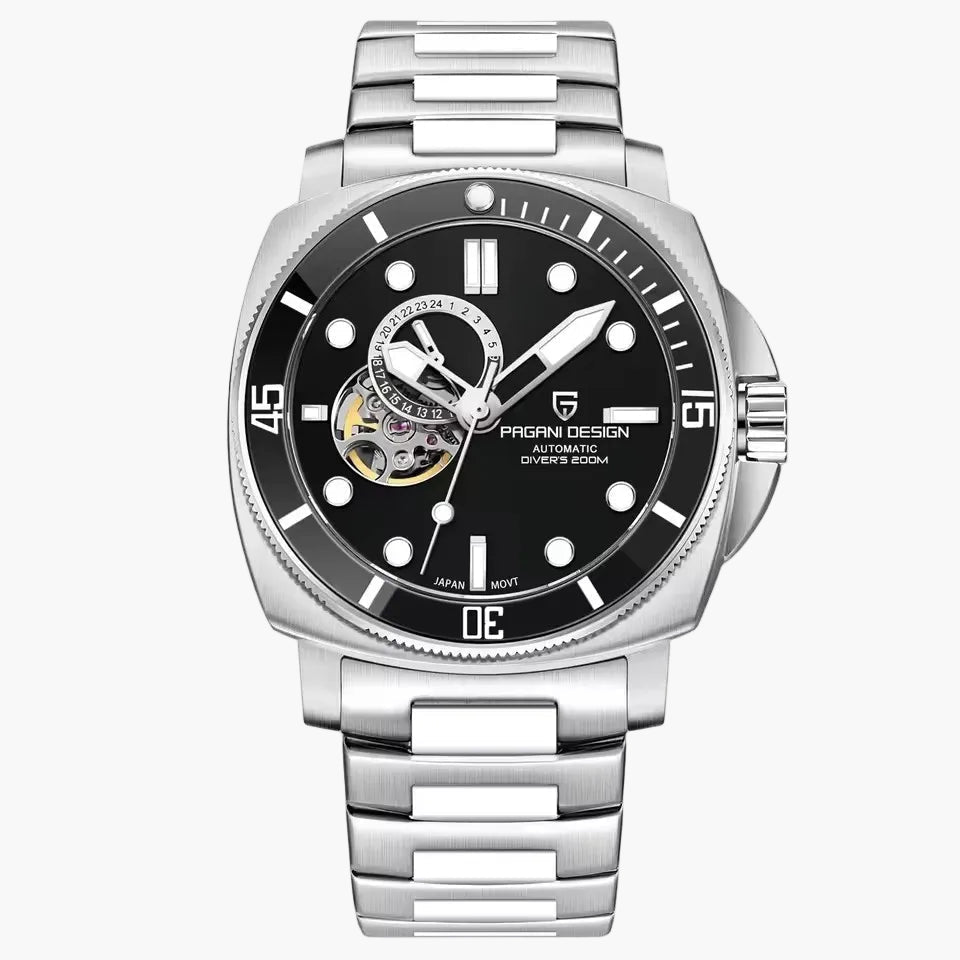 Silver Pagani Design watch with black dial on a white background
