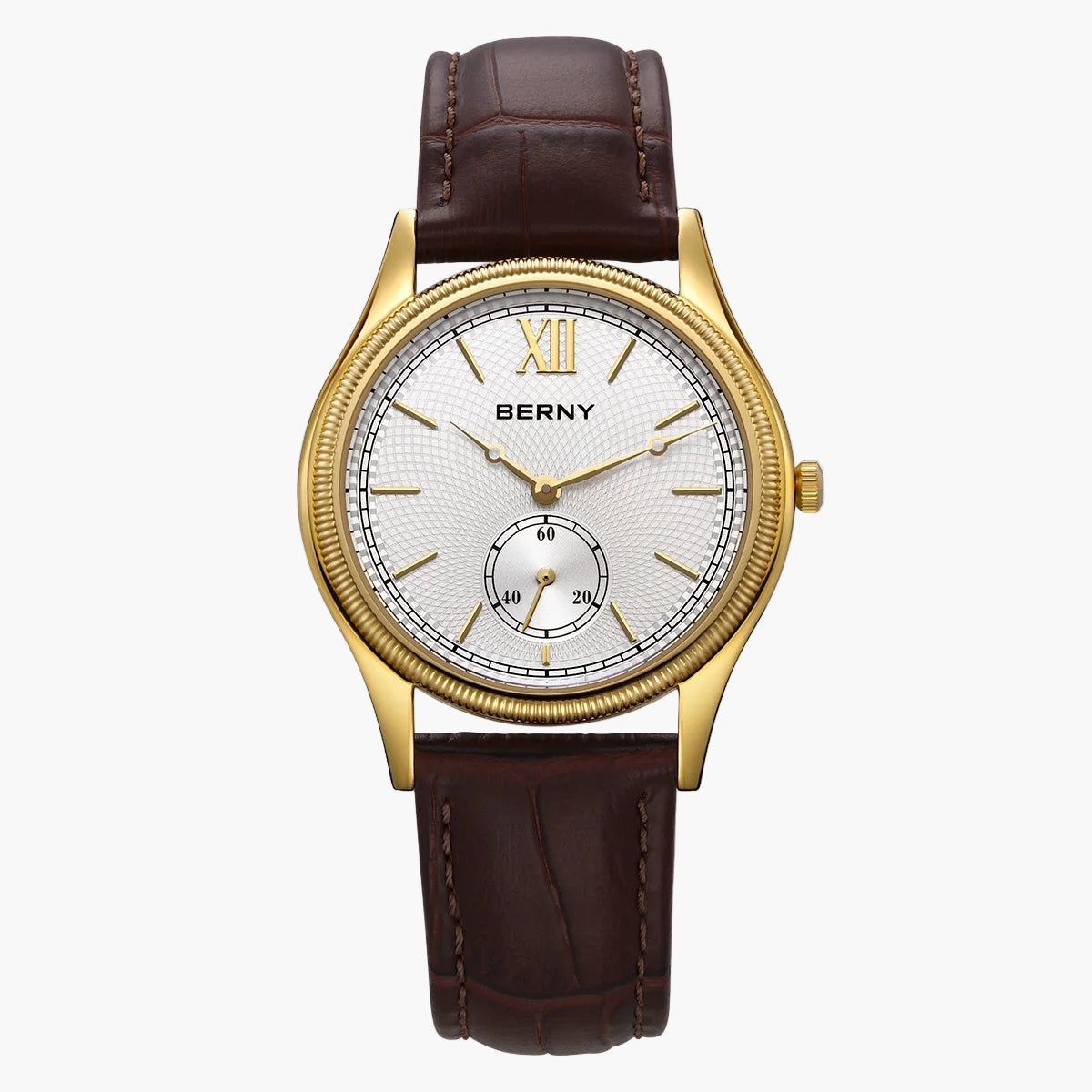 Berny watch with gold case and brown leather strap on a white background