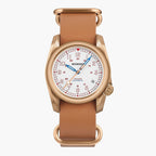 Watch with brown leather strap and rose gold case on a white background, featuring the BODERRY brand.