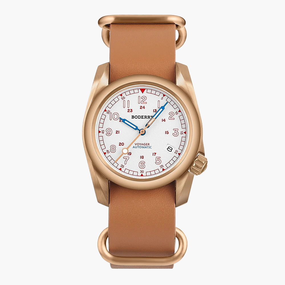 Watch with brown leather strap and rose gold case on a white background, featuring the BODERRY brand.