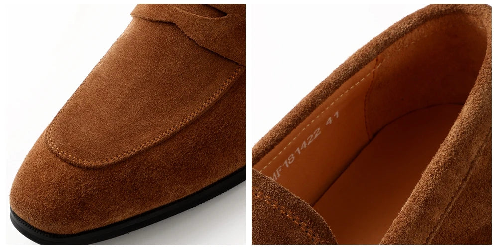 Brown suede loafer shoe with close-up of sole on a white background