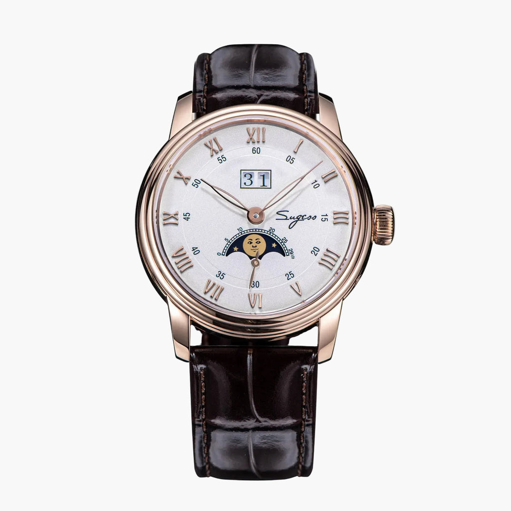 Luxury watch with a white face and brown leather strap on a white background
