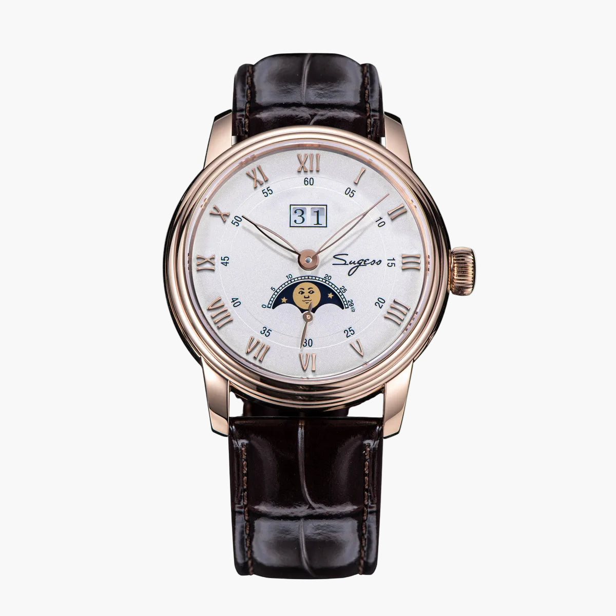 Luxury watch with a white face and brown leather strap on a white background