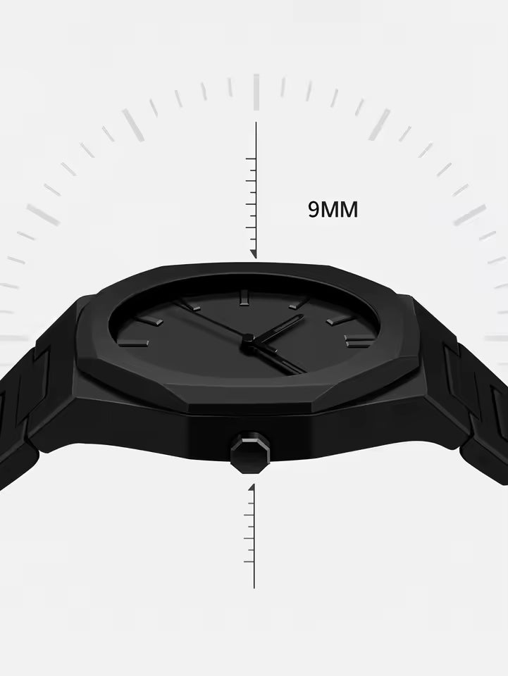 Side profile of the Monaco Noir watch highlighting its slim, polished stainless steel case.