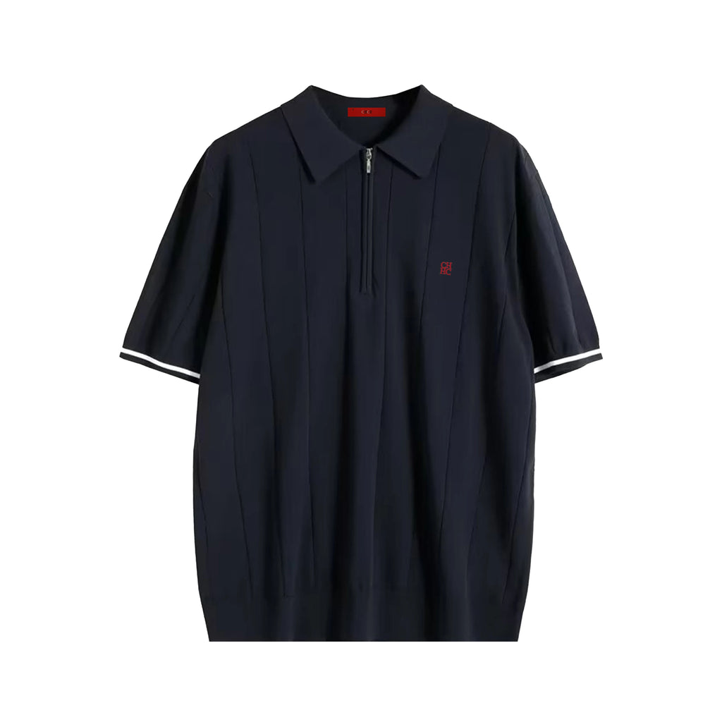 Navy blue polo shirt with white trim on a white background