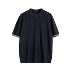 Navy blue polo shirt with white trim on a white background