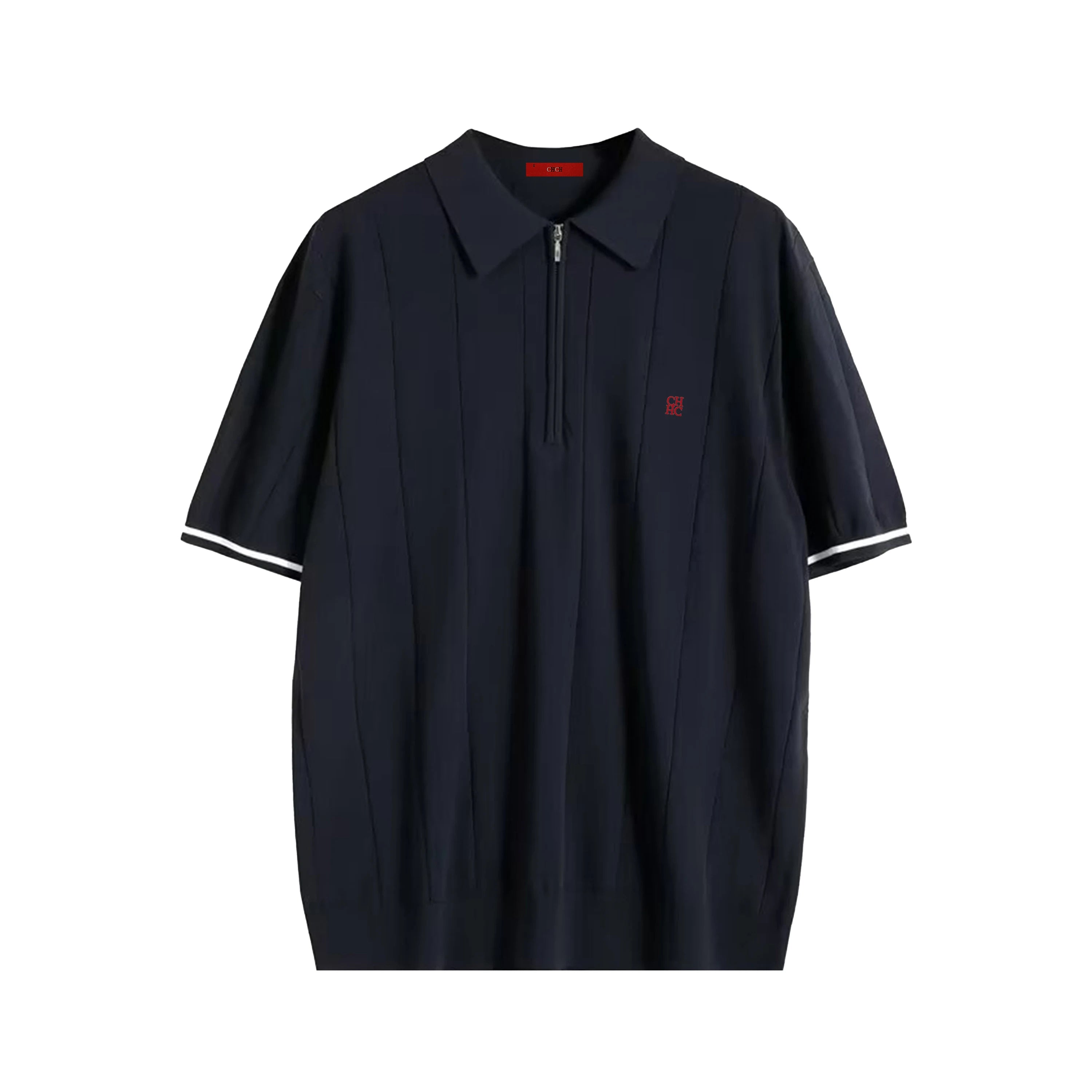 Navy blue polo shirt with white trim on a white background
