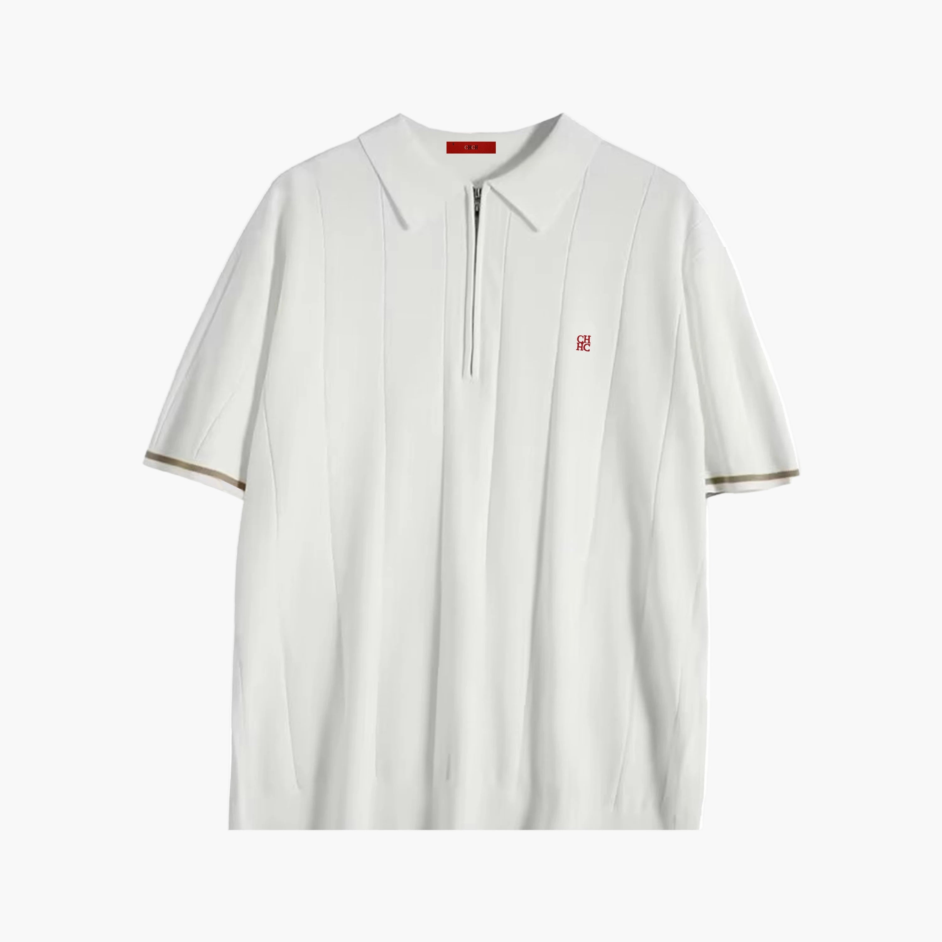 White polo shirt with a small red logo on a white background