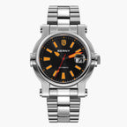 Silver watch with black and orange face, accompanied by a close-up of the face and packaging on a white background.
