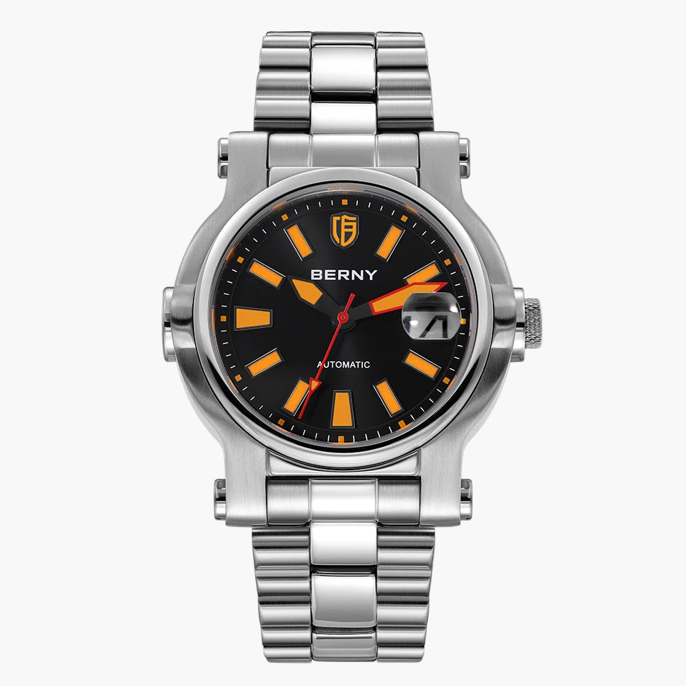 Silver watch with black and orange face, accompanied by a close-up of the face and packaging on a white background.