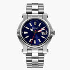 Close-up of The Navigator watch dial showing the sapphire crystal and Swiss Super-LumiNova hands.