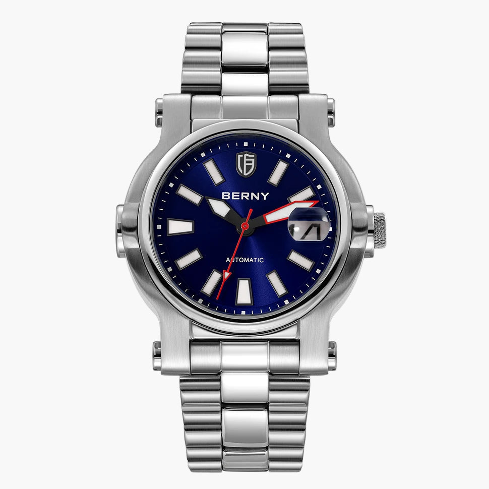 Close-up of The Navigator watch dial showing the sapphire crystal and Swiss Super-LumiNova hands.